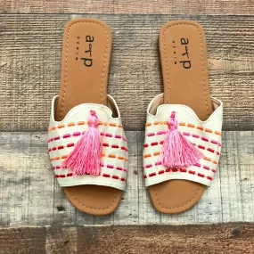 A & P Denim Pink/Orange Embroidery Canvas Pink Tassel Sandals- Size 7 (Like New)