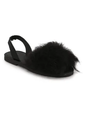 Black Fur Back Sling Slip-On Sandals