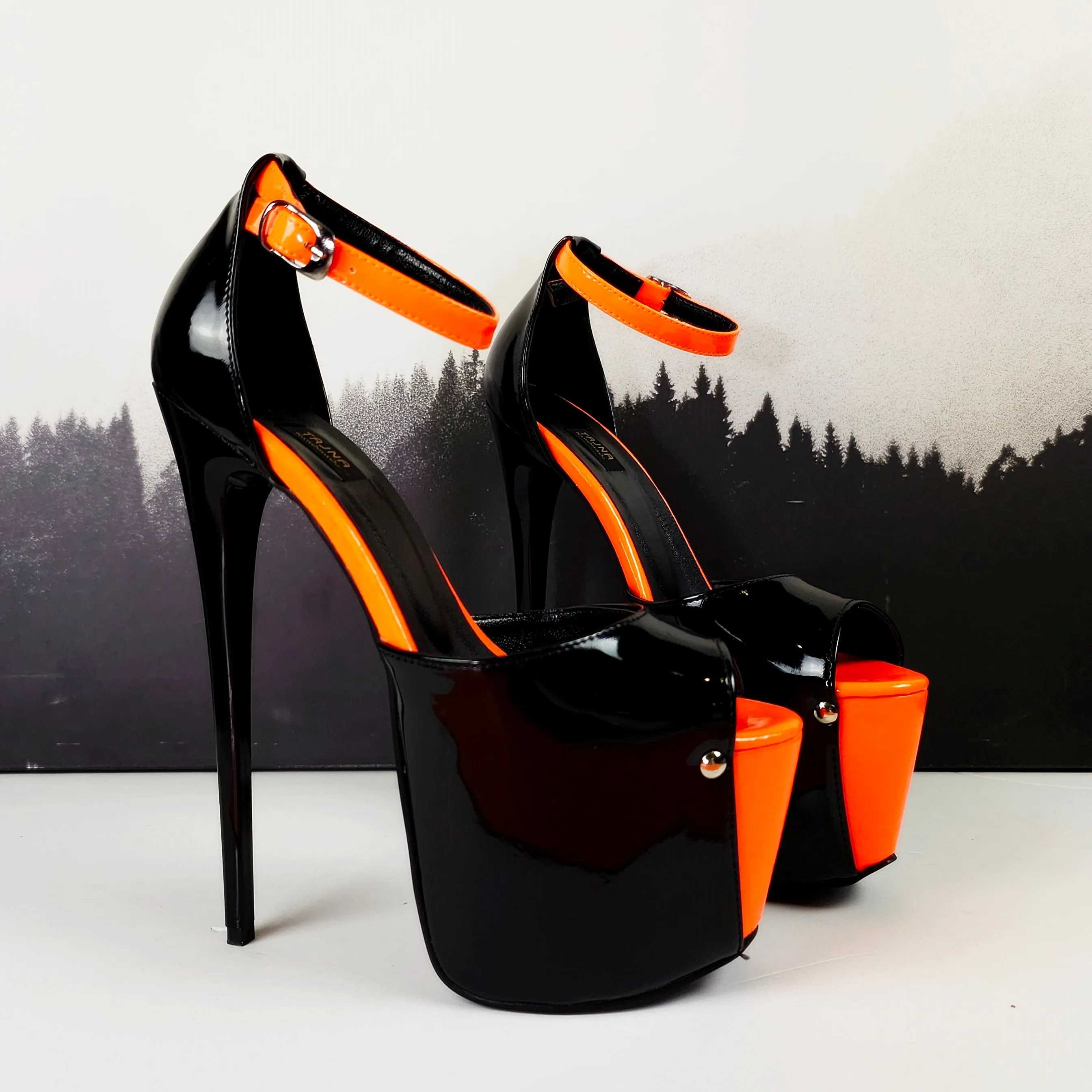 Black Gloss Orange Detail Ankle Strap High Heels