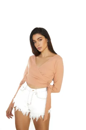 Dusty Orange Ribbed Wrap Crop Top