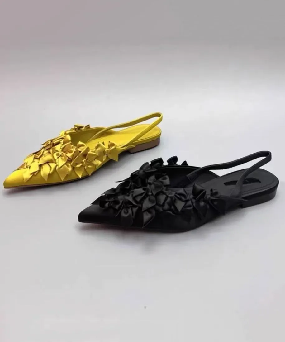 French Yellow Bow Pointed Toe Flat Sandals KJ061