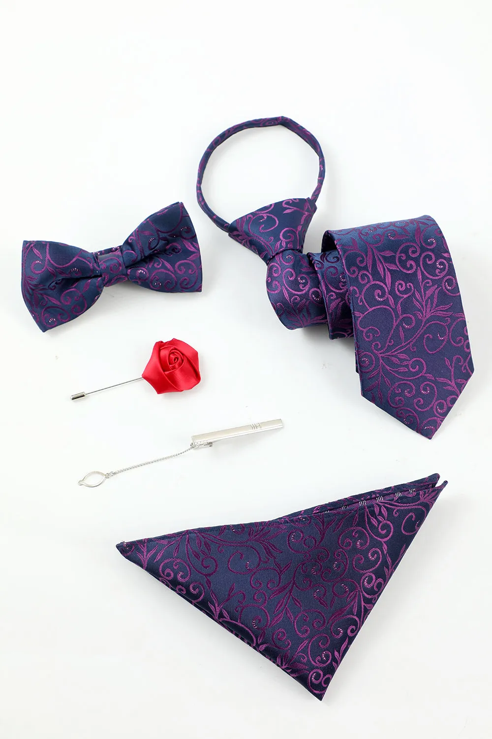 Men's Purple Jacquard 5-Piece Accessory Set Tie and Bow Tie Pocket Square Flower Lapel Pin Tie Clip