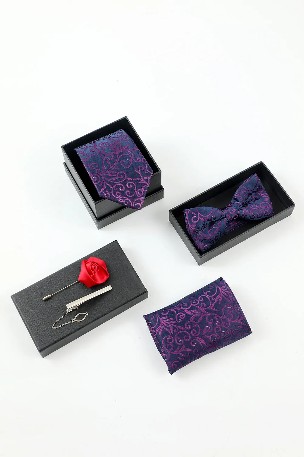 Men's Purple Jacquard 5-Piece Accessory Set Tie and Bow Tie Pocket Square Flower Lapel Pin Tie Clip