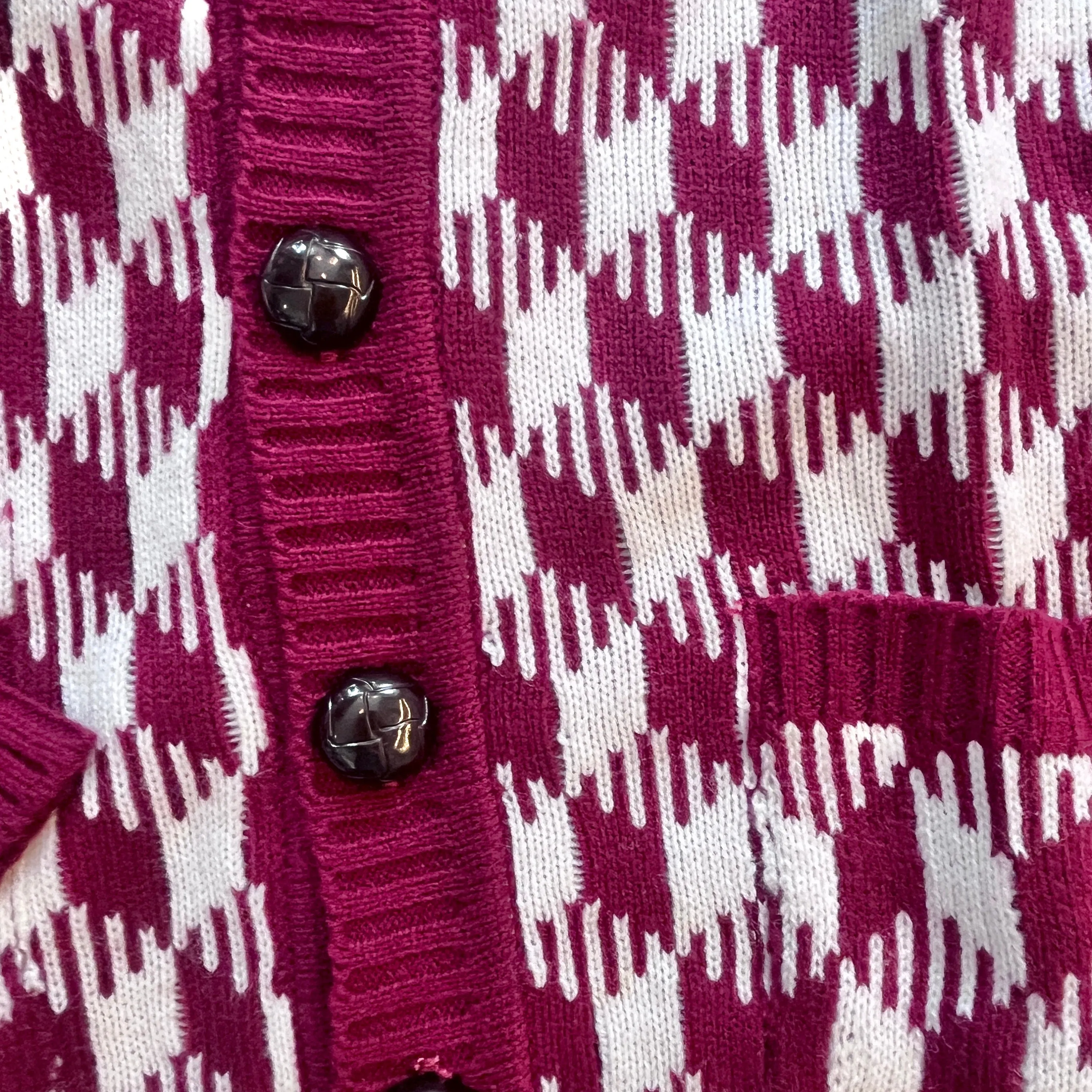 Vintage 1970's Dark Red  Houndstooth Cardigan / Teen / Small