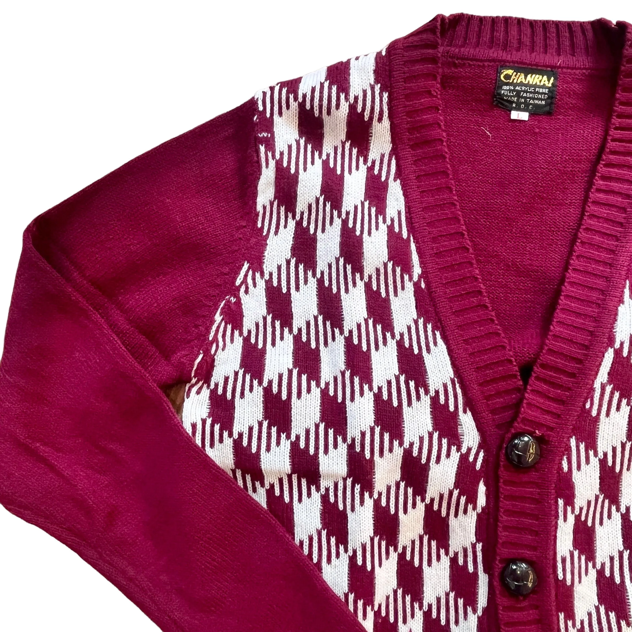 Vintage 1970's Dark Red  Houndstooth Cardigan / Teen / Small