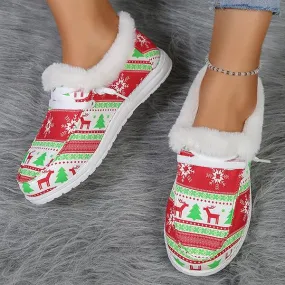 Women's Casual Christmas Printed Plush Flats 87424281S