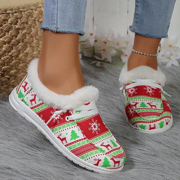 Women's Casual Christmas Printed Plush Flats 87424281S